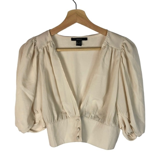 Forever 21 Cream Button Front Puff Sleeve Cropped Top S - Picture 1 of 3
